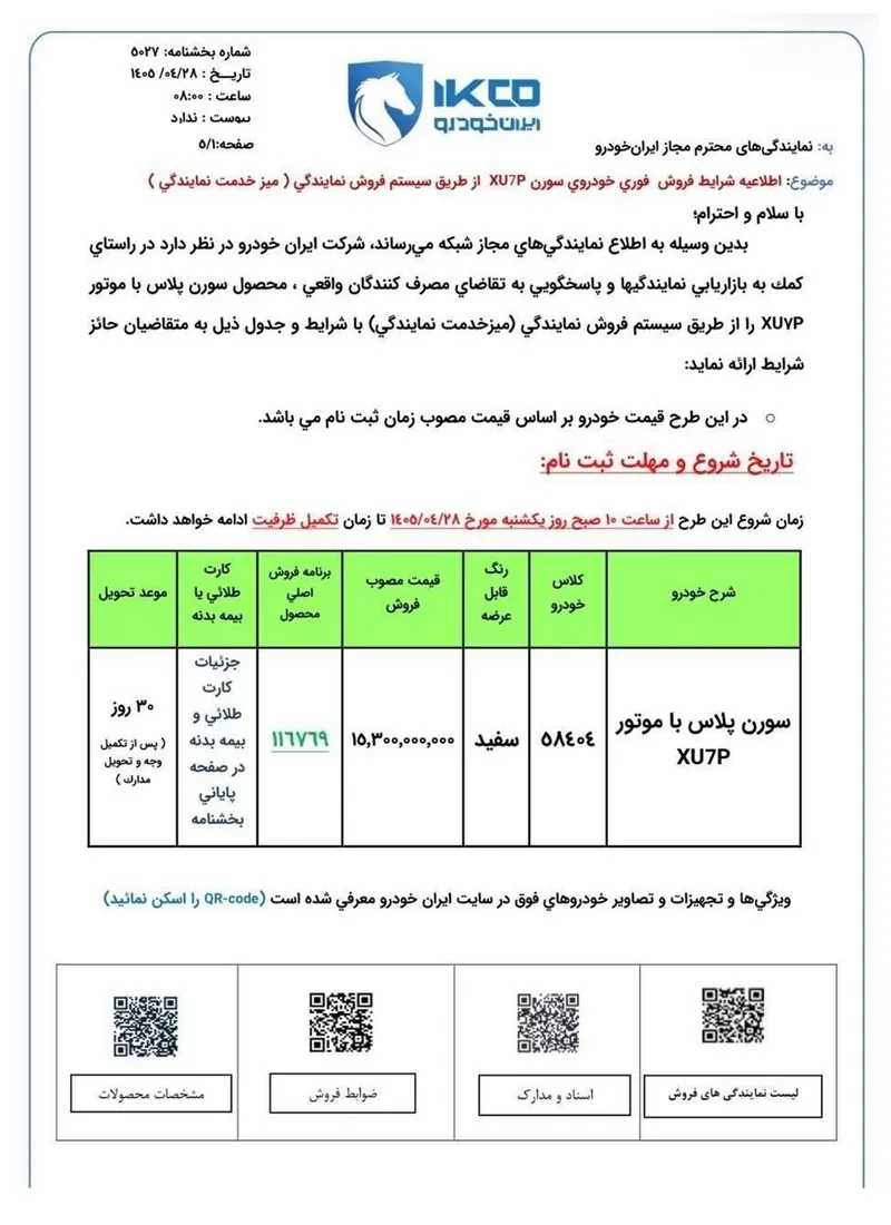 شرایط فروش فوری سورن پلاس XU7P